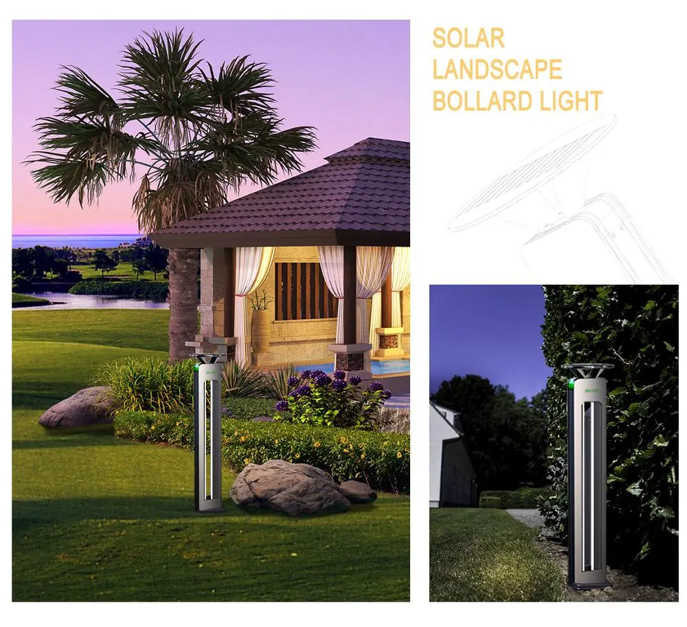 Solar-Wegeleuchte mit Solardach vollständig in einer Gartenanlage